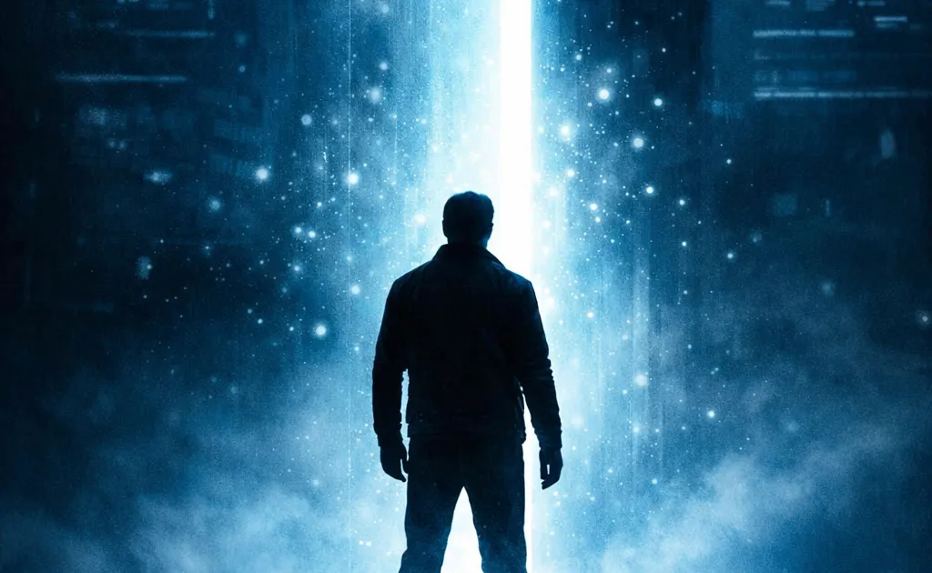 Una figura in controluce davanti a una porta che si apre su una luce intensa — Disclosure Day