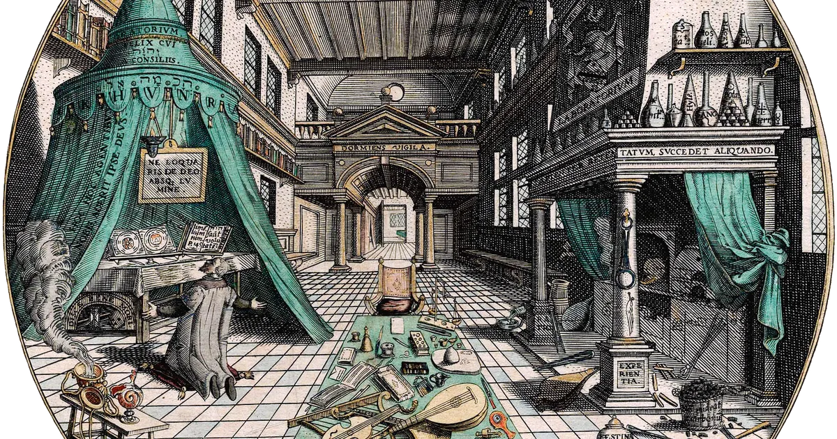 Il laboratorio dell'alchimista, incisione rinascimentale di Hans Vredeman de Vries